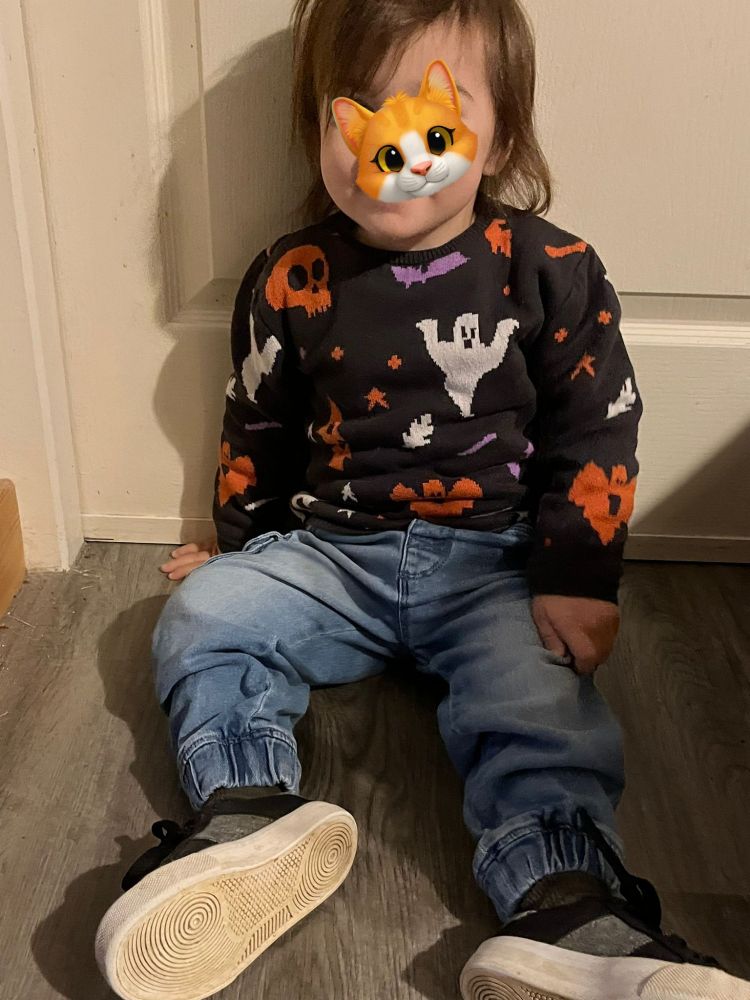 Mon fils ( Eren ), 2 ans et demi assis au sol avec un pull d'halloween