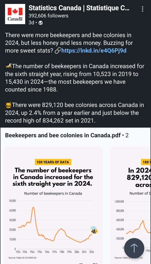 A LinkedIn post by Stats Can about bee keepers and bee colonies in Canada.