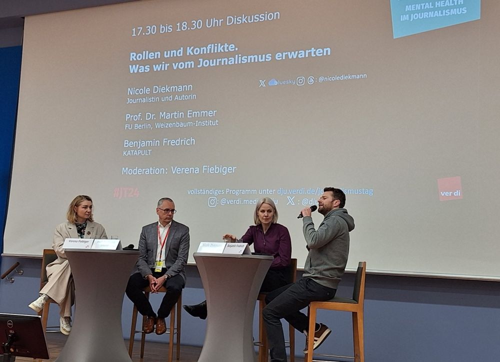 Diskussion beim verdi-Journalismustag mit Verena Fiebiger, Nicole Diekmann, Prof. Martin Emmer, Benjamin Fredrich von Katapult