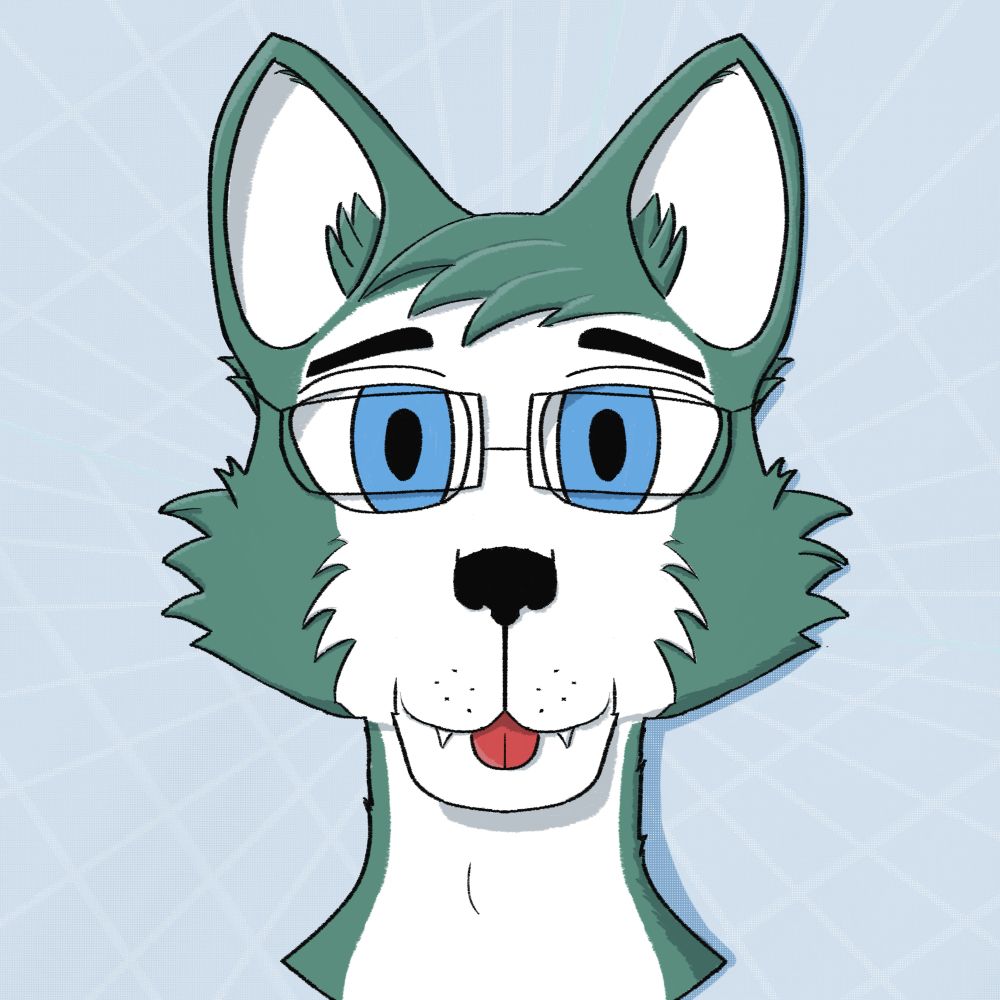 Bust of a cartoon wolf looking head-on at the viewer. He has blue eyes with white and teal-green fur. His tongue is partially visible and sticks slightly out while the mouth is closed. His top two canines are visible.