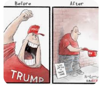 Before: a Trump supporter cheers. After: the Trump supporter is begging because he lost his job due to Trump's trade war.