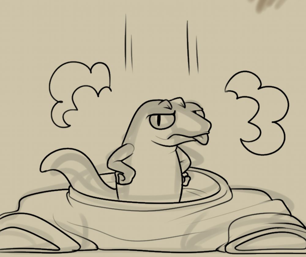 A grumpy lizard milton, poking out of the neckhole of an oversized tshirt.