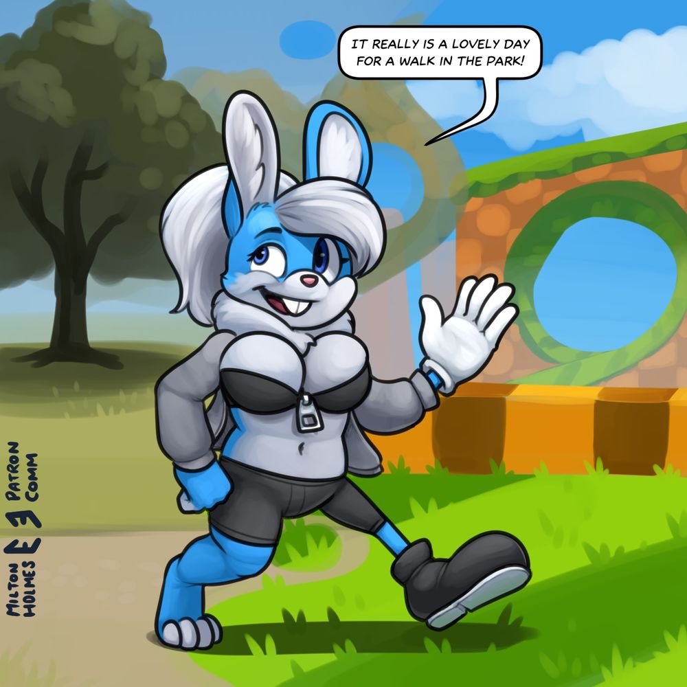 Bunny gal wanders through a park, which reality-shifts into Green Hill Zone from Sonic. Her appearance shifts into the Sonic artstyle, but she's completely unaware.
