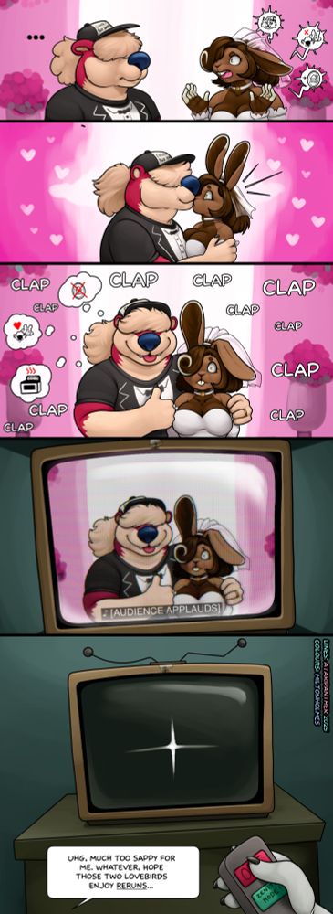 Bunny wife tries to convince her new otter husband that they need to return to their old reality where they aren't genderbent animals. Otter is far more content, and seems plenty happy to share a new life together! 
Zenith, the cat wizard, is gonna go to bed. 