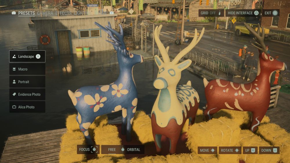 Three deer parade floats from outside the Oh Deer Diner in Alan Wake 2