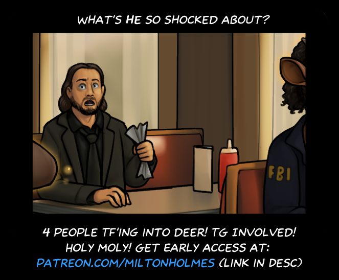 Shocked individual sits in a diner as we assume patrons around him transform into deer. See the whole thing by giving me a lil bit of money ;)