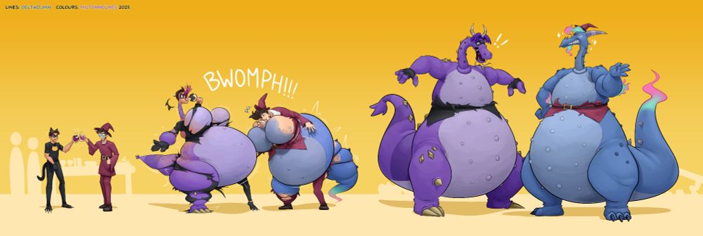 three stage transformation sequence in which Milton and Delta are attending a halloween party. They both drink unusual potions, and then suddenly grow into large, pear shaped, warty dragons. Their costumes are torn apart, leaving scraps around their waists. Milton looks shocked by the transformation, while Delta gives him a smug "pretty cool huh?" look