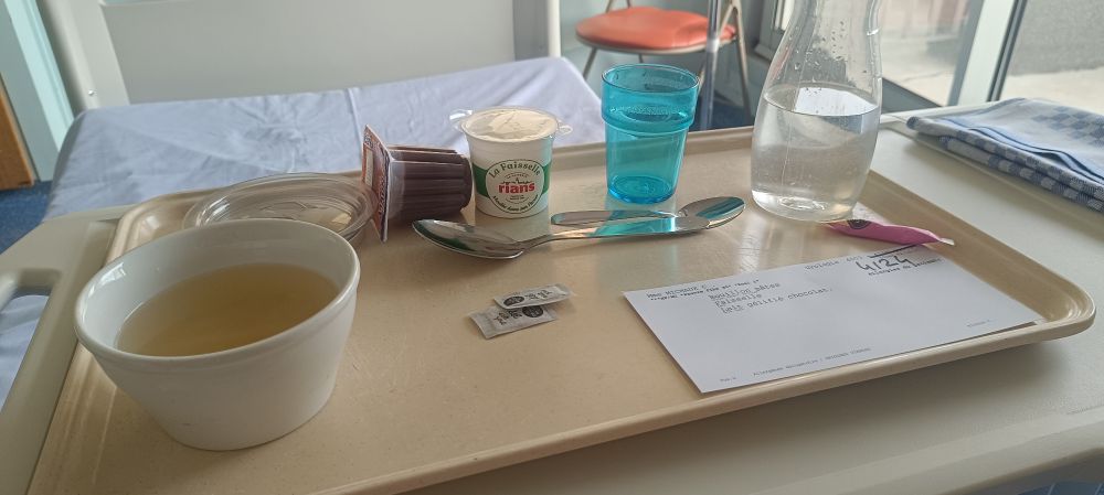 Photo de mon plateau repas ne comportant qu'un bouillon de pâtes, de la faisselle et un yaourt au chocolat