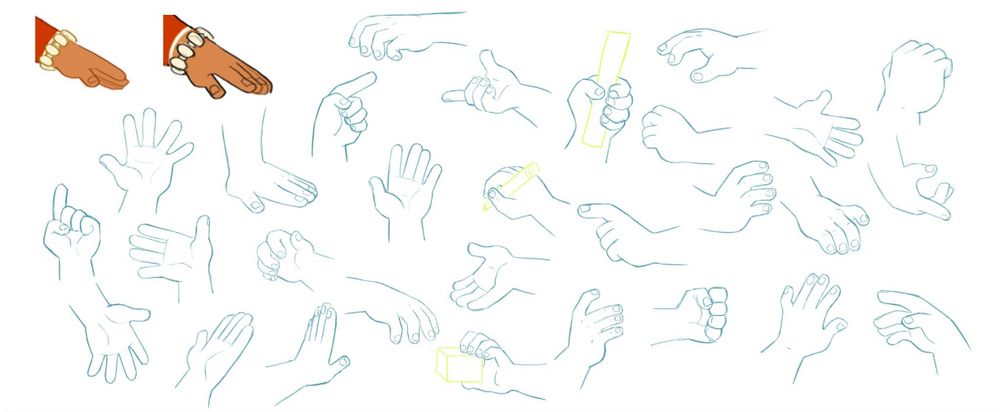 Cartoon hand chart showing many poses for a particular character’s hand