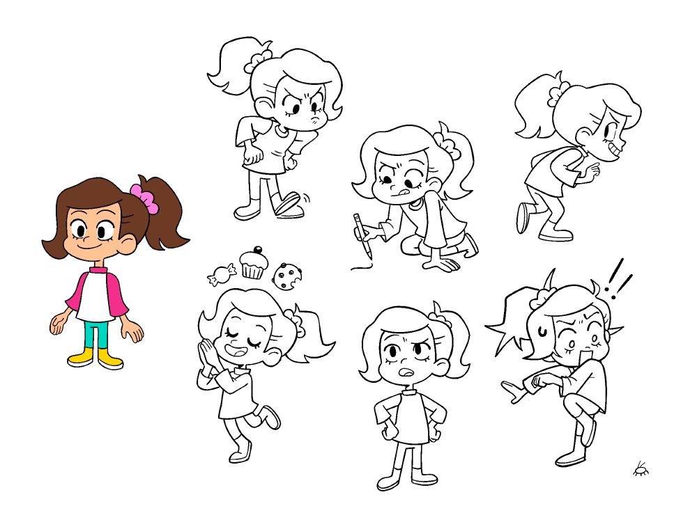 a character expression sheet of a girl - she's shown in different poses for varying emotions including angry, focused, mischievous, thoughtful, hungry, and shocked