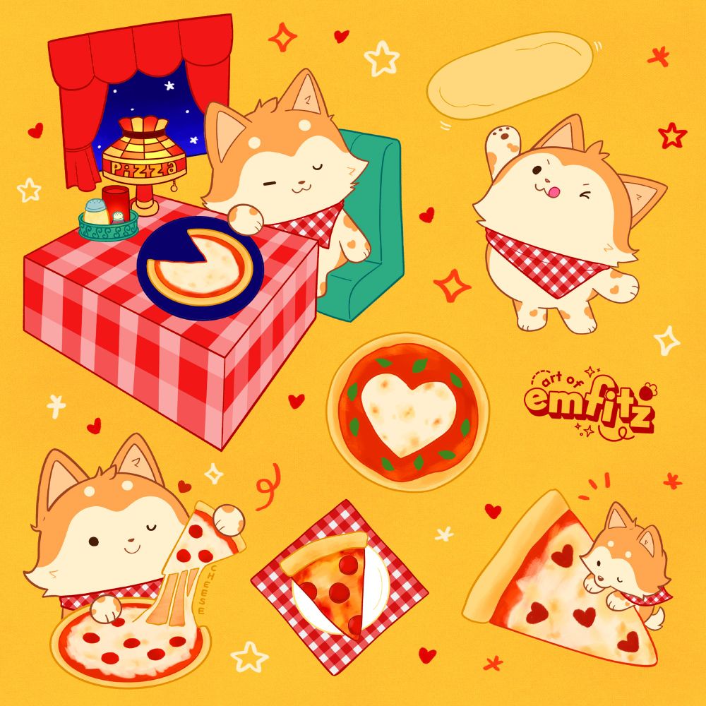 a sticker sheet featuring a cute dog doing various activities related to pizza. in one instance she throws a circle of pizza dough; in another she smiles while pulling a cheese slice out of the pie; in another she sits in a booth at a pizza restaurant with retro lamp, tablecloth, and a window to the starry night sky.