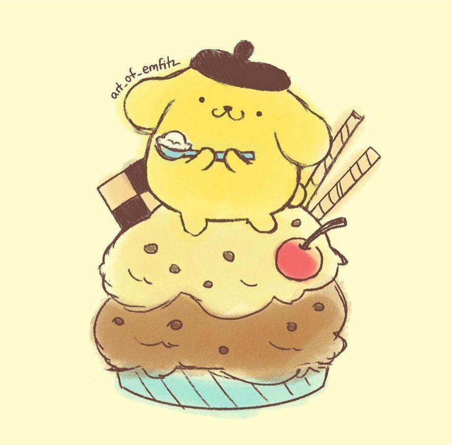 A doodle drawing of pompompurin standing on an ice cream sundae, holding a little spoon with a scoop of ice cream inside it