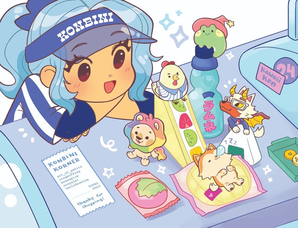 Cartoon drawing of an anime-style konbini worker with multiple miniature mascot characters playing on konbini food.