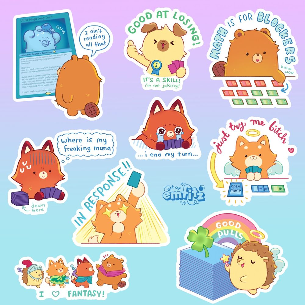 all the magic stickers from my collection put on 1 page. a fox, two dogs, a beaver, and a hedgehog making jokes about card games, including the designs from the previous 3 slides.