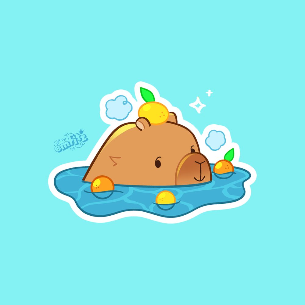 A drawing of a cute capybara bobbing in the water with citrus fruit 