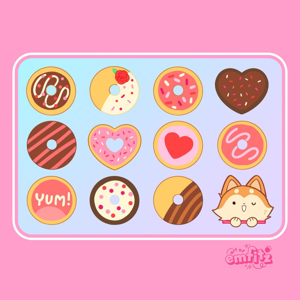A cartoon drawing of a box of donuts and a happy dog! The donuts are decorated with lots of pink frosting and sprinkles.