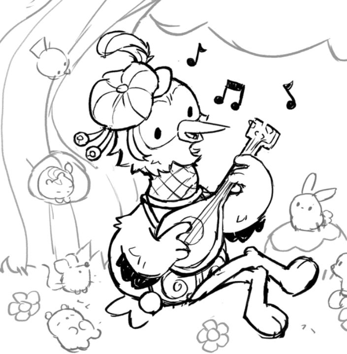 A black and white cartoon sketch of a stork dressed as a bard and playing his lute. Baby animals gather round while he sings.