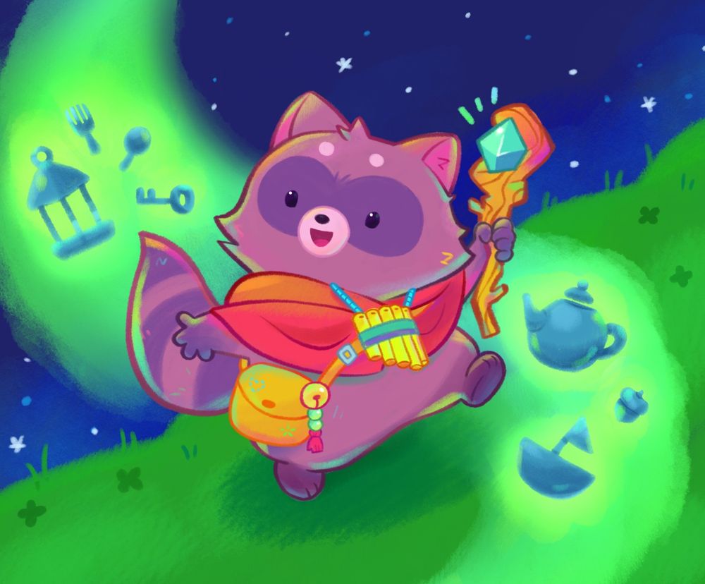 a cute cartoon raccoon with a wooden staff using glowing green powers to animate trinkets. he's wearing a red tunic with a little pan flute around his neck.