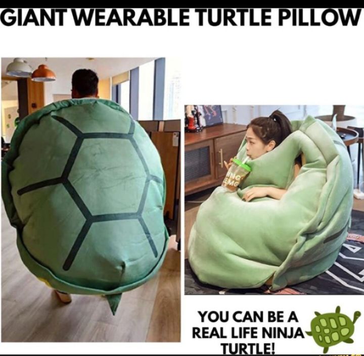 Product photos of a giant wearable pillow shaped like a turtle's shell.
