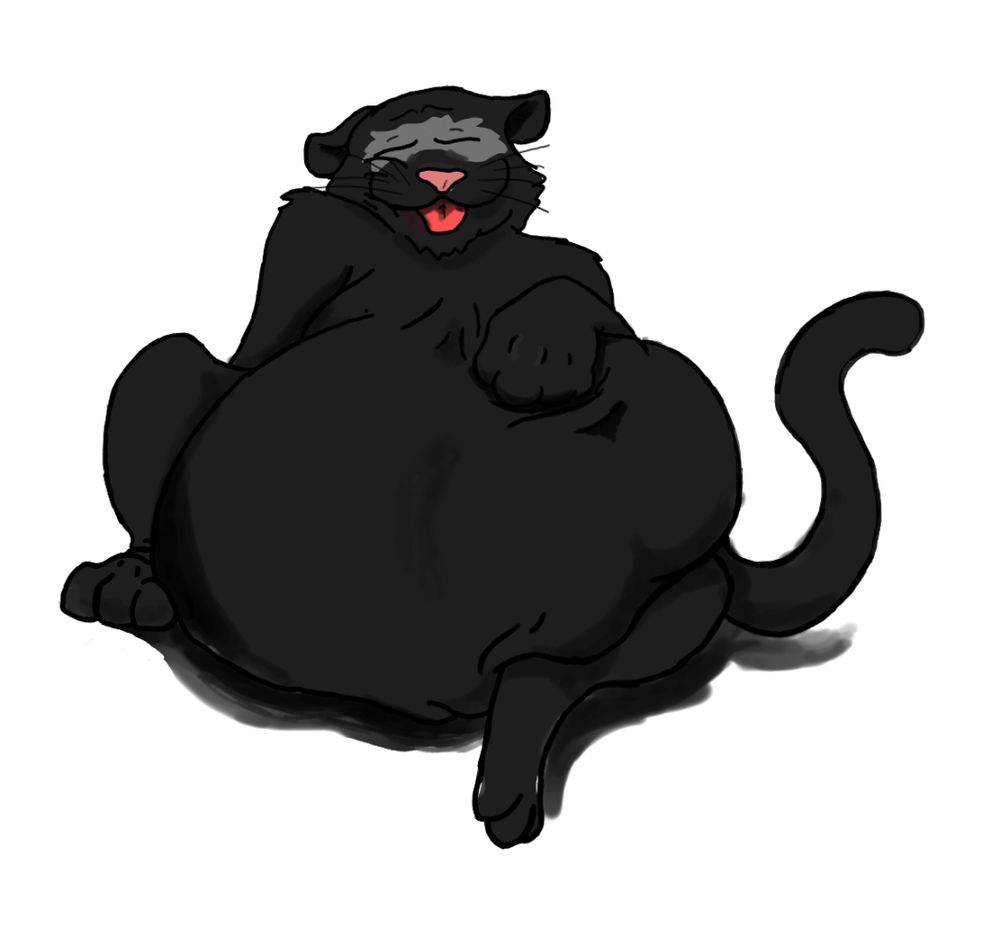 Art of a cartoonish black panther with a big, full tummy. Art by Conneich