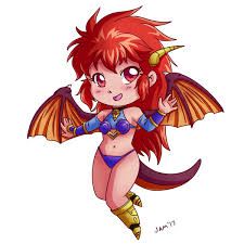 A chibi version of Mink, the half-dragon girl from the anime Half Dragon. She has white skin, dragon wings and a tail, and small yellow horns above her ears. Her hair is red, shaggy, and falls to the bottom of her back. She wears strange yellow boots that stop just below her knees. She wears a bikini bottom, armored bra, bracers, a necklace, a skimpy swimsuit-like top beneath the bra, and cloth sleeves under the bracers that stop short of her shoulders.