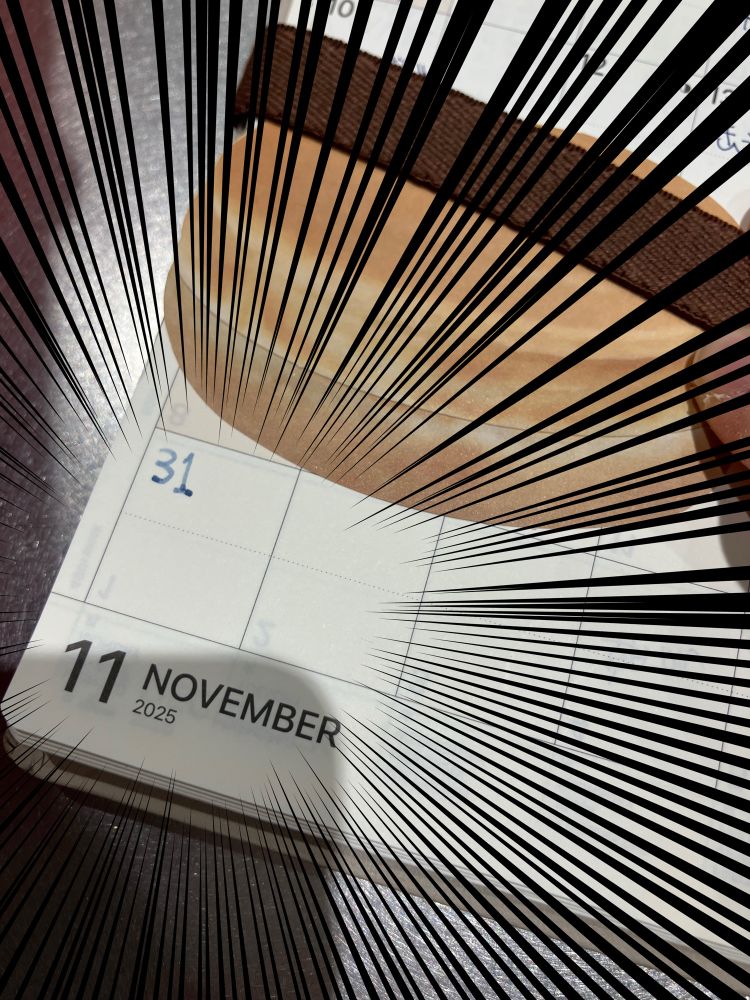 マンスリーの手帳　11月のページ
月曜日の空欄に31と手書きしていて、集中線の効果が入っている。