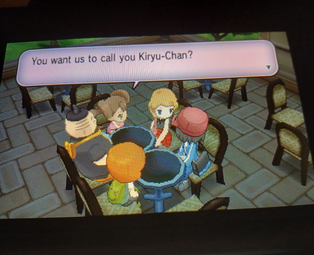 Photo of Pokémon X where the main character has insisted on being nicknamed Kiryu-chan by the group.