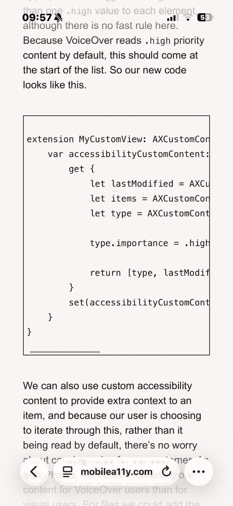 A blog post from the site mobilea11y.com. There is a block with some code where it can partially be seen an extension for a custom view were the getters and setters for the accessibilityCustomContent property are implemented.