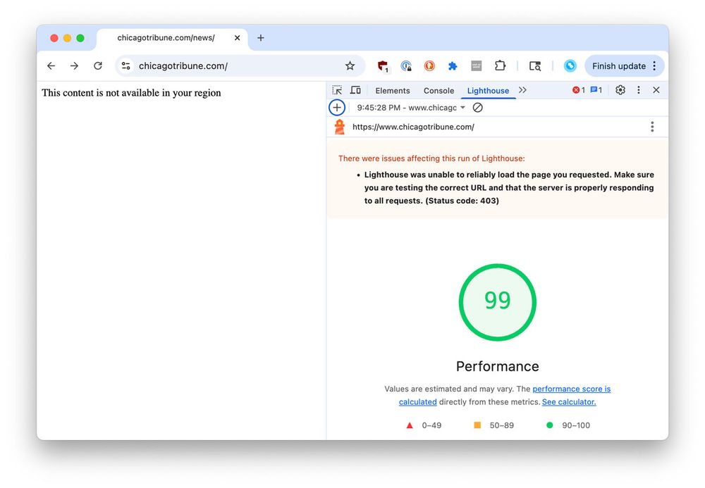 Screenshot of the Chicago Tribune website viewed from outside the USA, showing a blank page with the message "This content is not available in your region." Developer Tools are open, displaying a Lighthouse Performance score of 99.