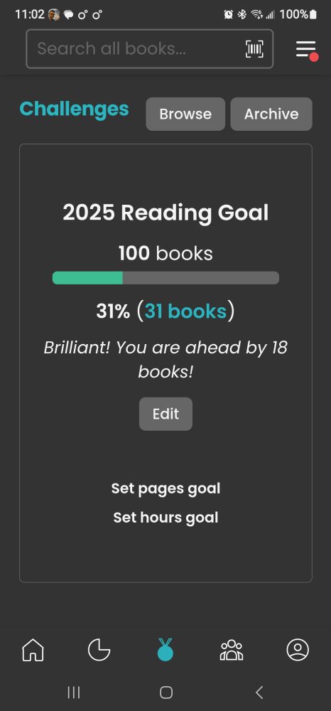 Progress update for my books read this year. 31 books out of 100. Dark gray background with white text and a teal progress bar