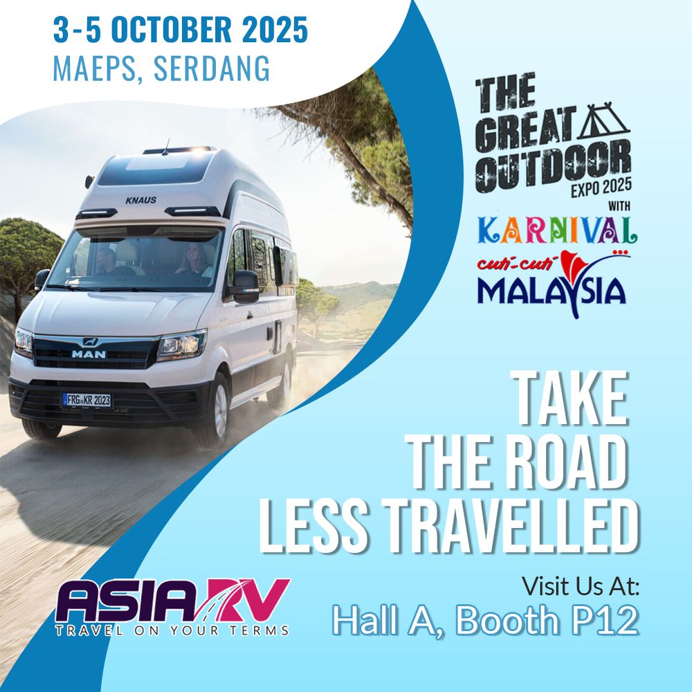 Poster announcing Asia RV’s participation at The Great Outdoor Expo 2025, featuring a scenic road and campervan. Event details: 3–5 October 2025, MAEPS Serdang. Text highlights Asia RV’s showcase at Hall A, Booth P12.