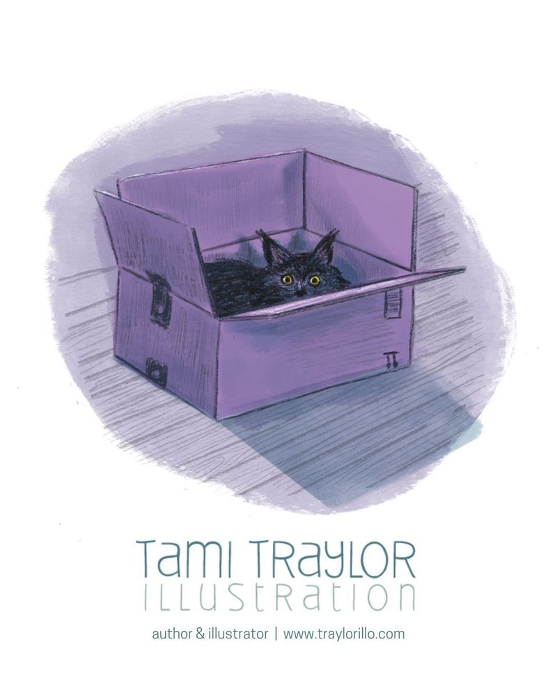 Illustration of a black kitty peering out of a box in purples, greys and a pop of gold for its eyes. 
