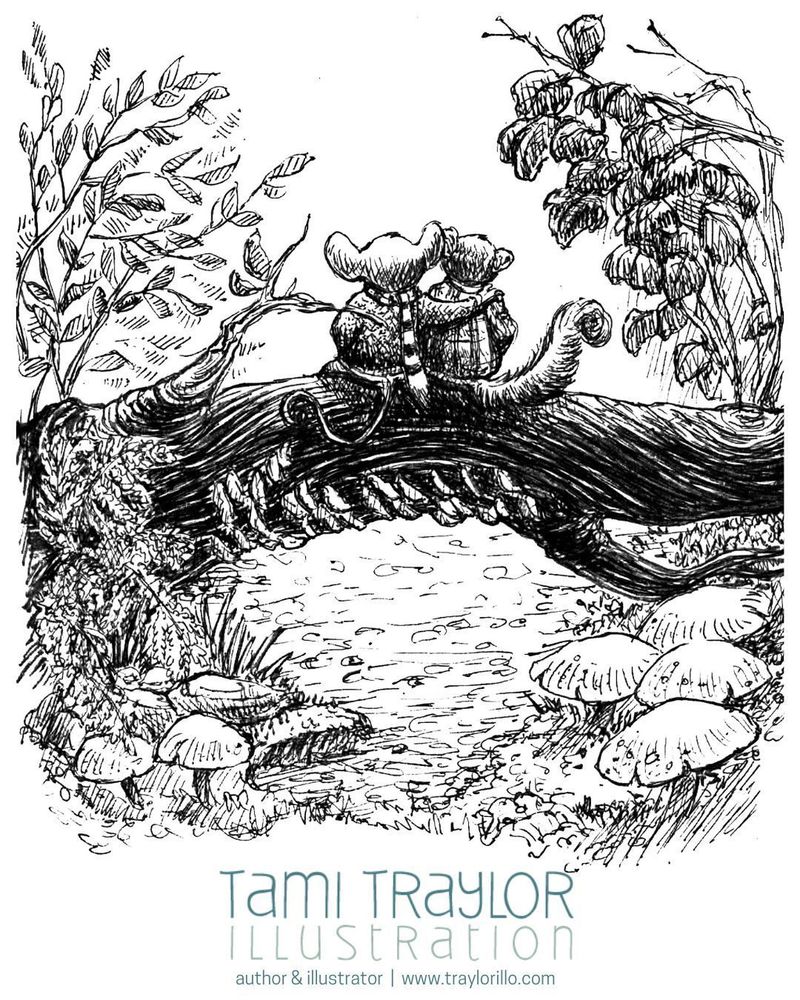 Ink drawing of a mouse and squirrel wearing human clothing, sitting on a log with their arms around each other like friends with mushrooms and foliage surrounding them.