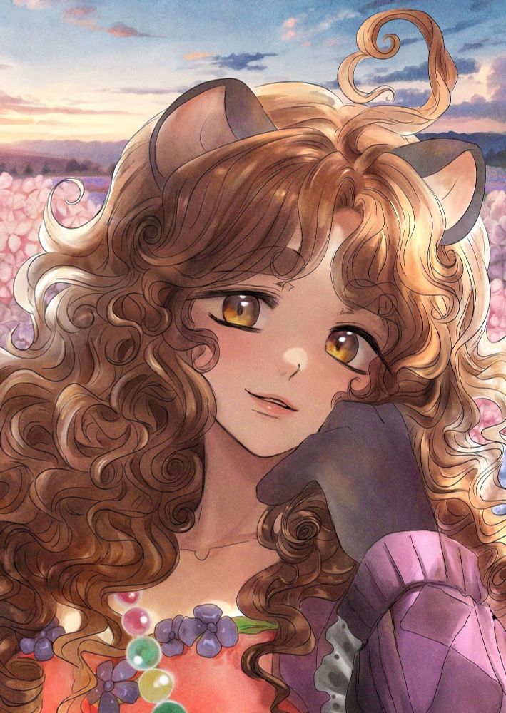 Illustration von einem weiblichen Chara mit Siebenschläferohren ( leicht rund) sie hat langes, braunes welliges Haar und goldbraune Augen, lächelnd, im Hintergrund eine Blumenwiese, Himmel in goldblauen Licht, vorne Blüten, sie trägt eine bunte Kette mit bunten Perlen.