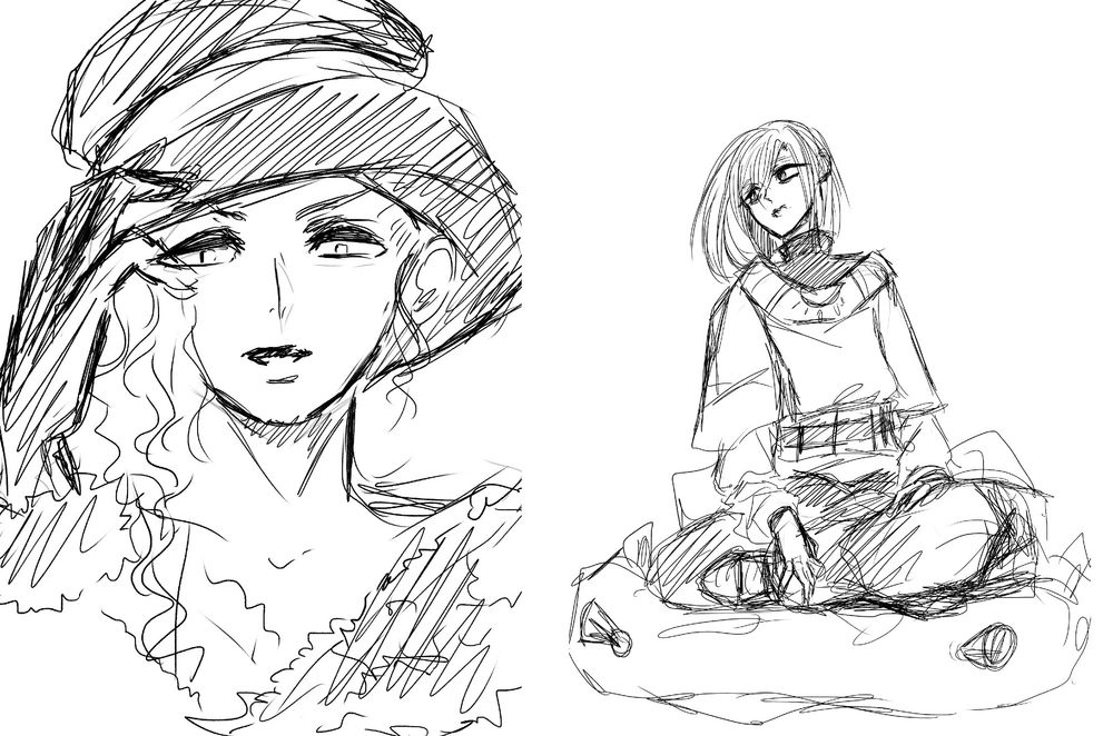 Links, eine Zeichnung von einem jungen Mann mit Hut. Er hat dunkel geschminkte Augen und Lippen. Frontalansicht. Eine behandschuhte Hand am Hut.

Das rechte Bild zeigt einen anderen jungen Mann mit Schulterlangen Haaren. Den Kopf nach hinten geneigt. Der Blick zur Seite / links) Er trägt lockere Kleidung mit Muster und sitzt im Schneidersitz auf einem großen Sitzkissen. 