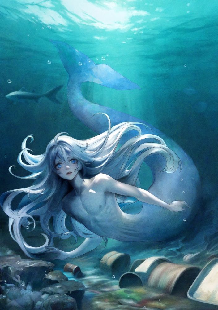 Ein junger Meermann mit langen weißen Haaren schwimmt am Grund des Meeres. Unter ihm liegt Müll und ein paar Steine von oben schimmert Licht. Hinten schwimmen Fische.