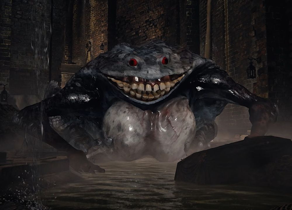 Um inimigo do novo jogo duskbloods que é um sapo com dentes e um peito bem proeminente