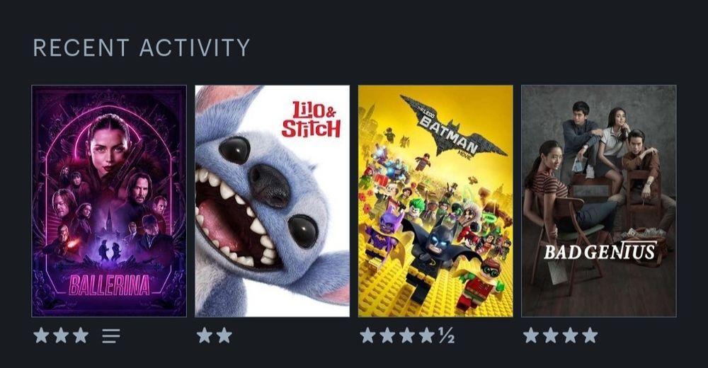 Posteres dos filmes: Ballerina, Lilo & Stitch, The Lego Batman Movie e Bad Genius