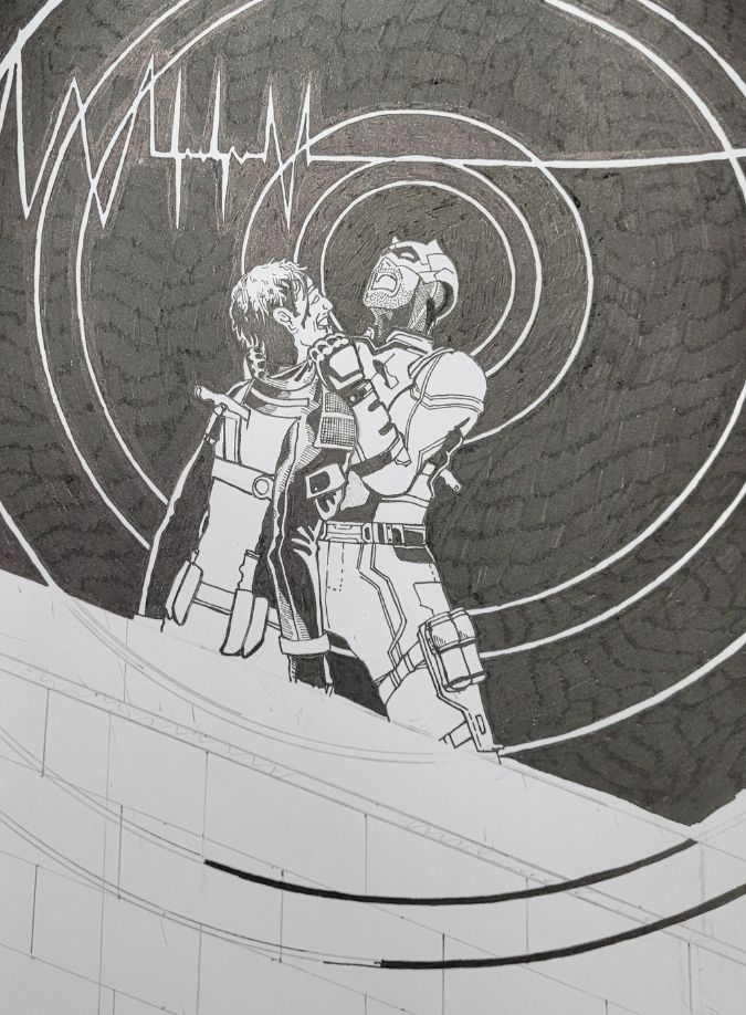 desenho com o fundo preto finalizado à caneta nanquim e ainda faltando a parte de baixo