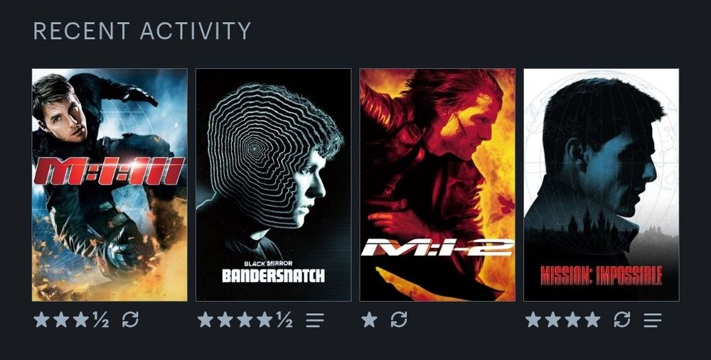 Posteres dos filmes: Missão impossível, Missão impossível 2, Bandersnatch e Missao impossivel 3.