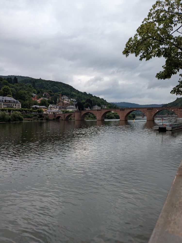 Moselbrücke in Heidelberg, am Himmel graue Wolken 
