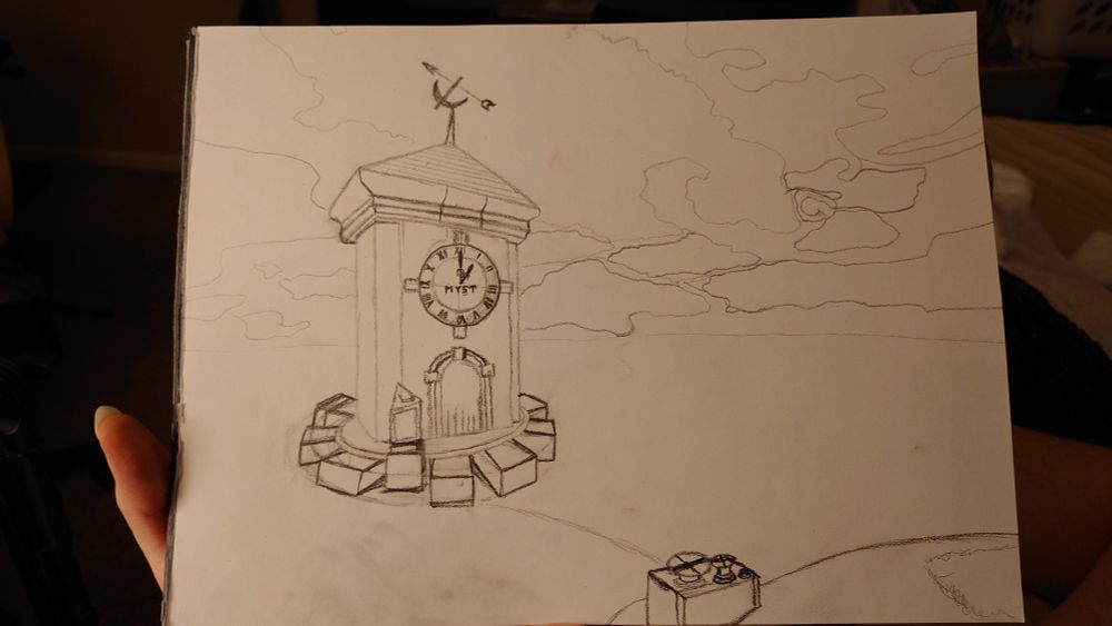 Clock tower sketch on paper, with added detail, such as clouds and the control box on the beach