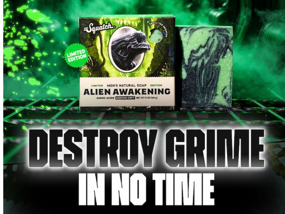 ad for alien awakening soap by dr squatch with obnoxious DESTROY GRIME IN NO TIME tagline