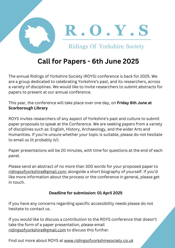 JPEG version of the ROYS call for papers. For a plaintext version please email help@ridingsofyorkshiresociety.co.uk