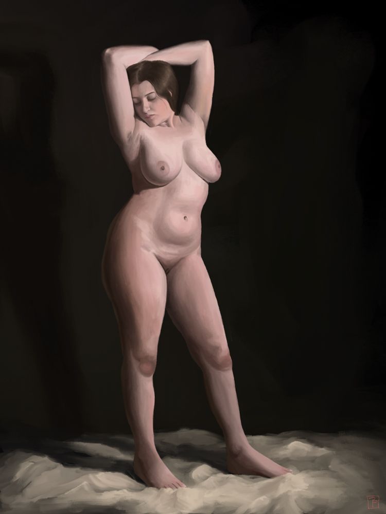 A nude woman poses alone in a dark room, her back slightly arched, head tilted away, and her arms clasped over her head. She is illuminated by a single, though powerful, light source from the front, casting a shadow on the wall behind her. She stands on a white sheet.