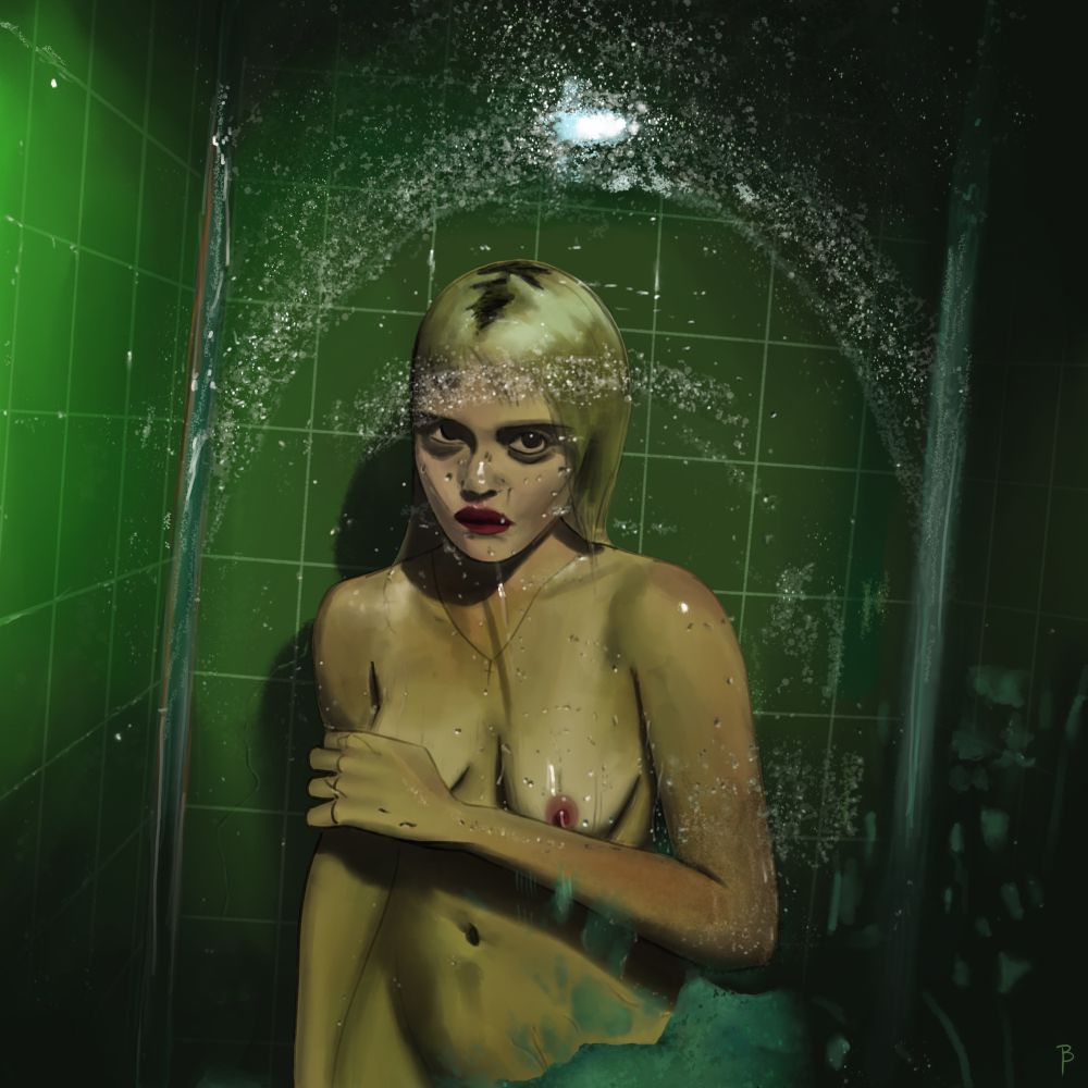 Digital painting of the album cover of Sky Ferreria’s “Night Time, My Time”:

Sky nude in a shower with green tiles. The lighting is dark and moody, she covers one breast with her arm and has an ambiguously disgusted look on her face.