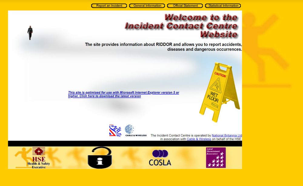 Very yellow webpage for the 'Incident Contact Centre' website from the UK Government Web Archive
