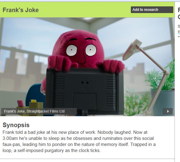Still from a video player with a red puppet hiding behind a computer screen. Below the image is a synopsis reading "Frank told a bad joke at his new place of work. Nobody laughed. Now at 3.00am he's unable to sleep as he obsesses and ruminates over this social faux-pas, leading him to ponder on the nature of memory itself. Trapped in a loop, a self-imposed purgatory as the clock ticks."