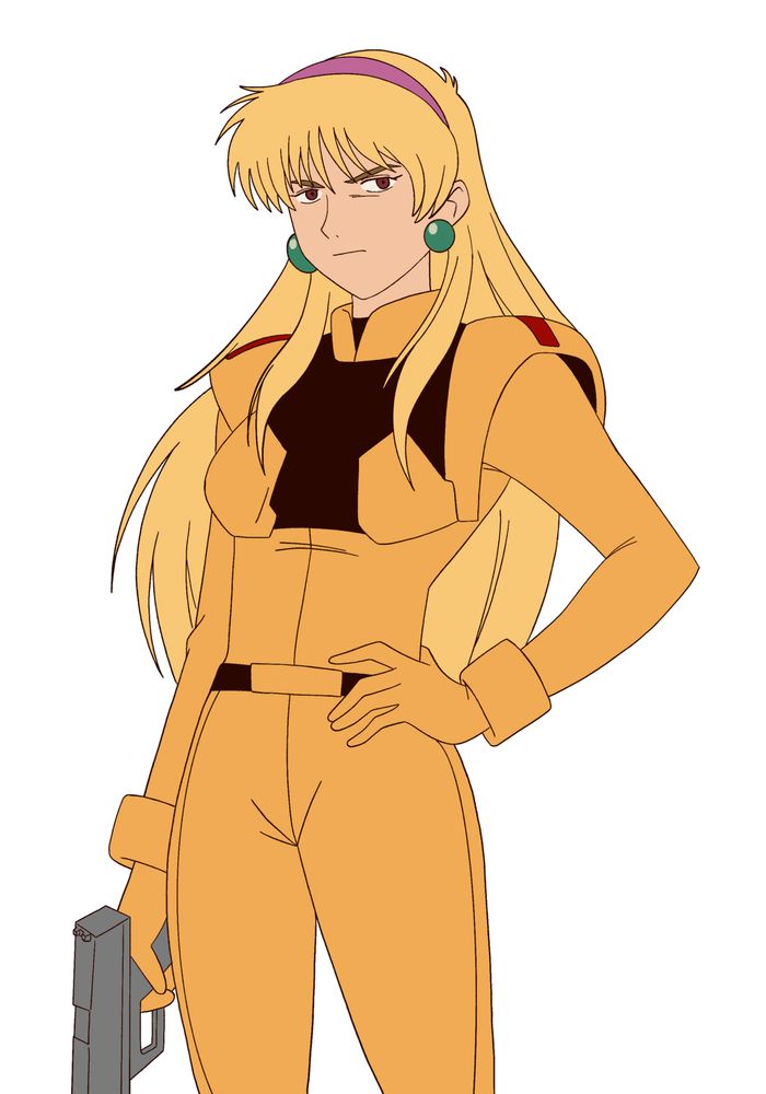 Katejina Loos from Victory Gundam holding a pistol with one hand while the other is firmly placed on her hip, she is wearing her pilot suit.