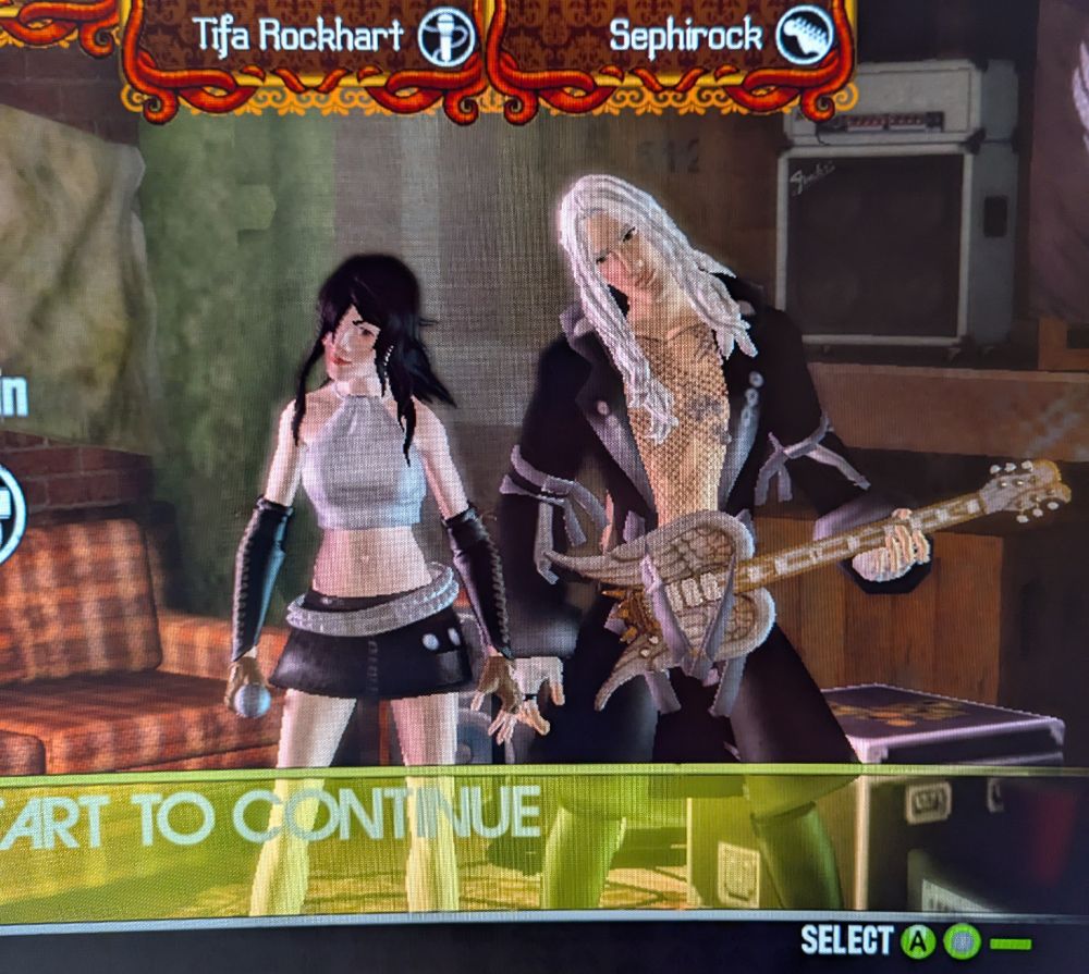 Two characters from Rock Band 2, "Tifa Rockhart" and "Sephirock", who are digital cosplays of the Final Fantasy 7 characters.
